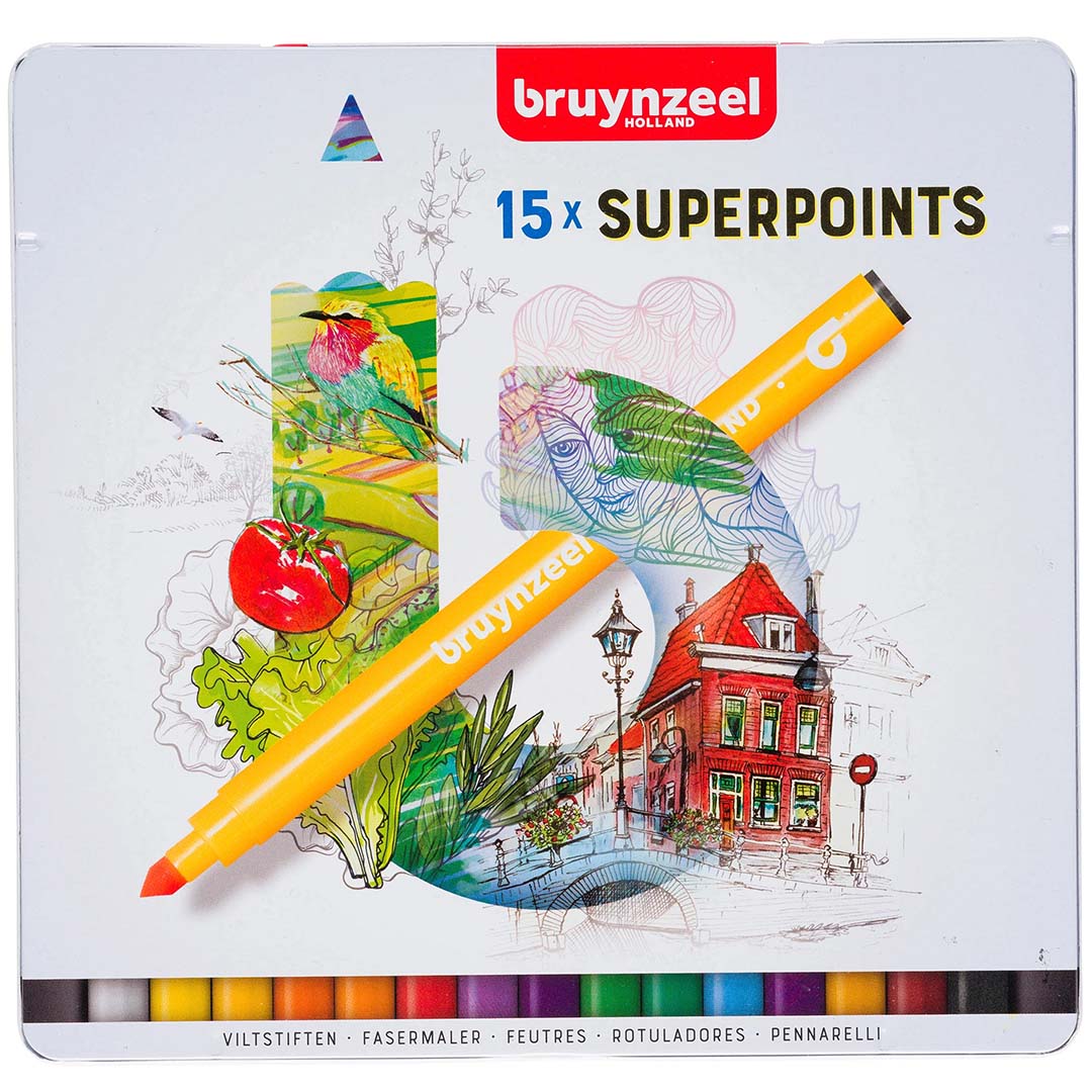 De voorkant van de Bruynzeel Superpoints viltstiften verpakking, een metalen doos met illustraties en een gele stift.