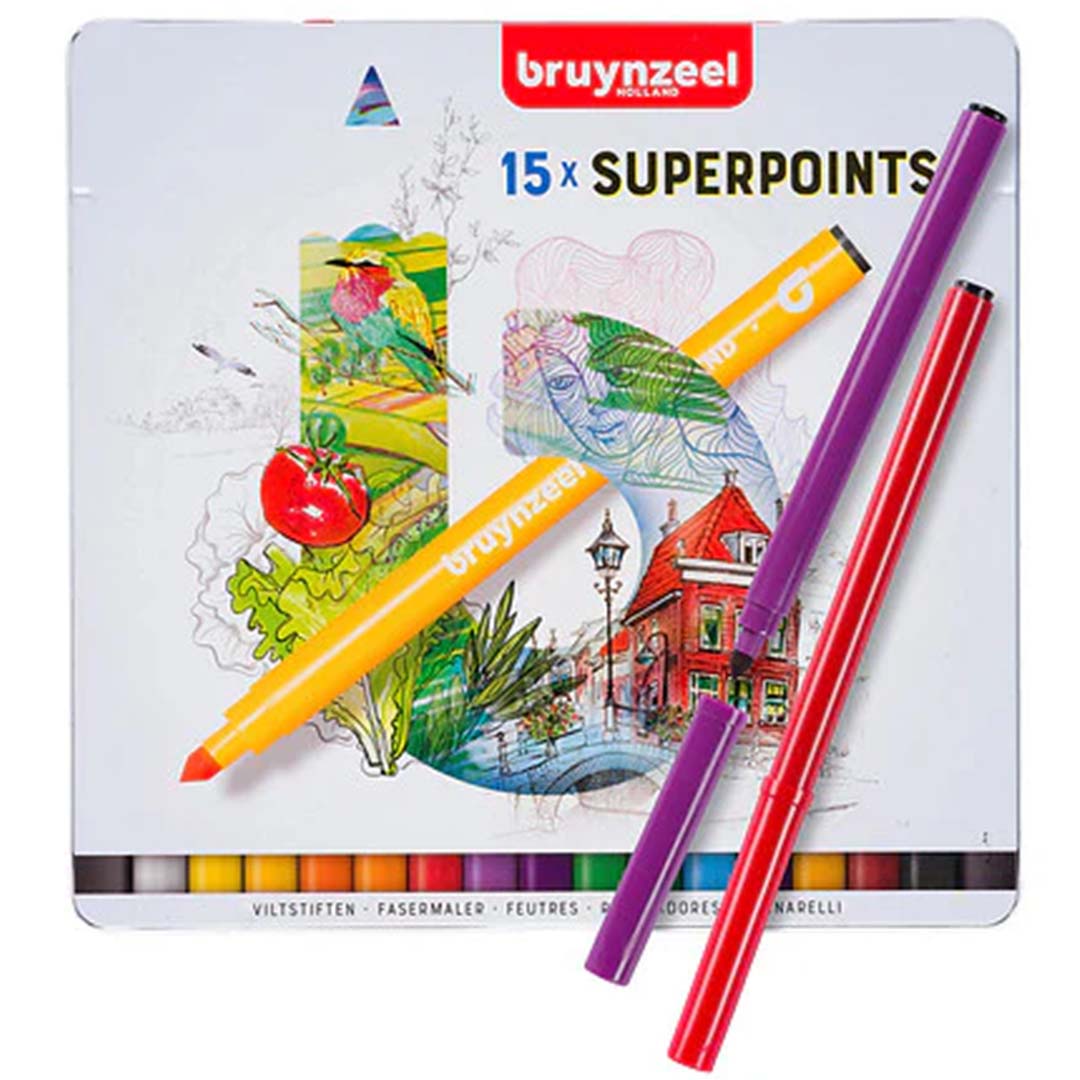 De Bruynzeel Superpoints viltstiften verpakking met een gele, paarse en rode stift ernaast.