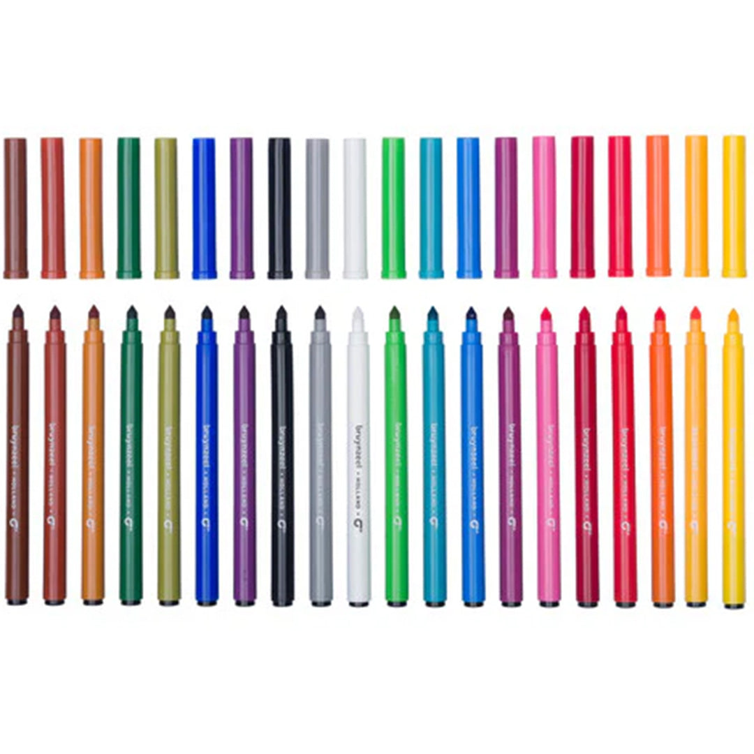 Een collectie van 20 Bruynzeel viltstiften in verschillende kleuren, met de doppen ernaast.