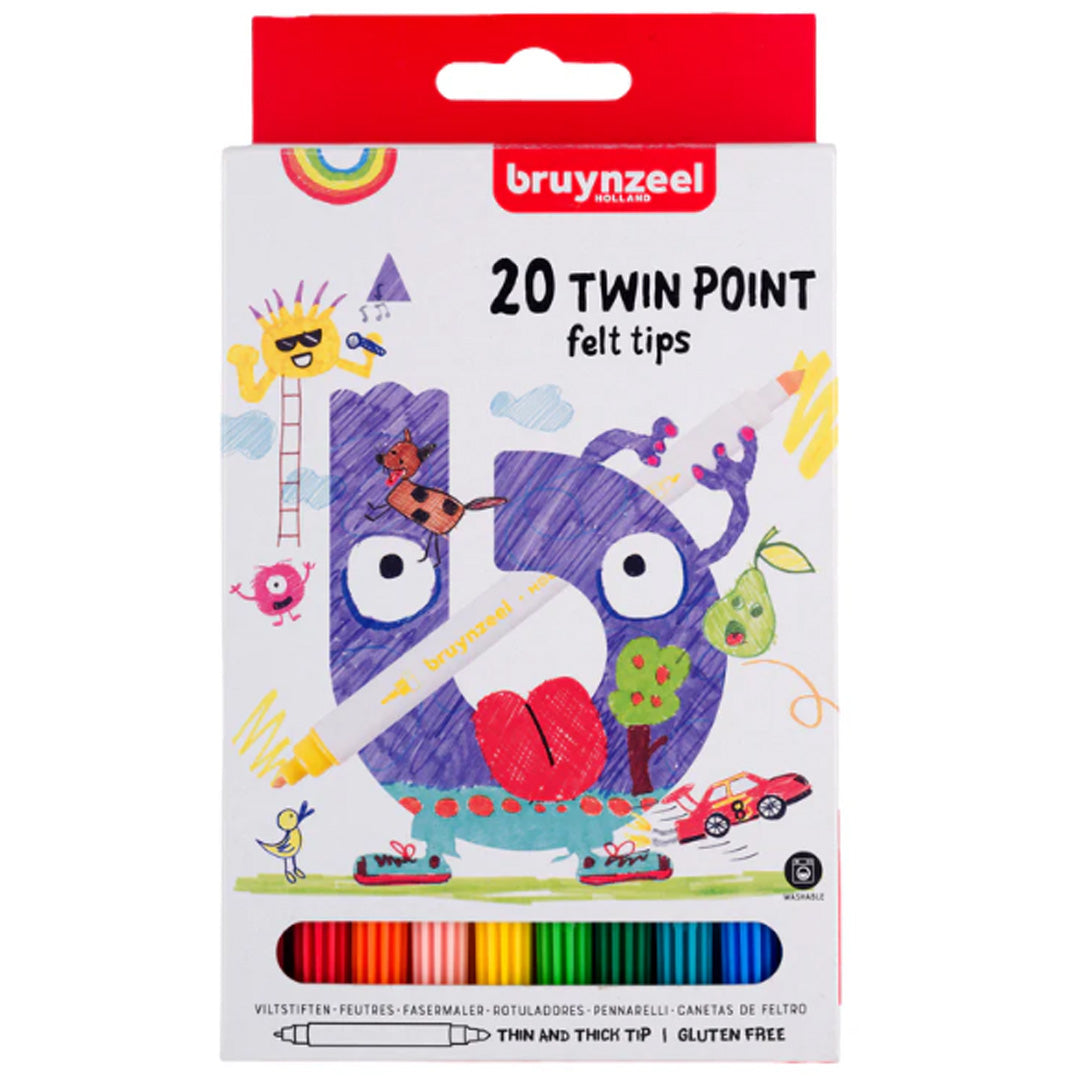 De verpakking van Bruynzeel 20 Twin Point viltstiften met kleurrijke illustraties.