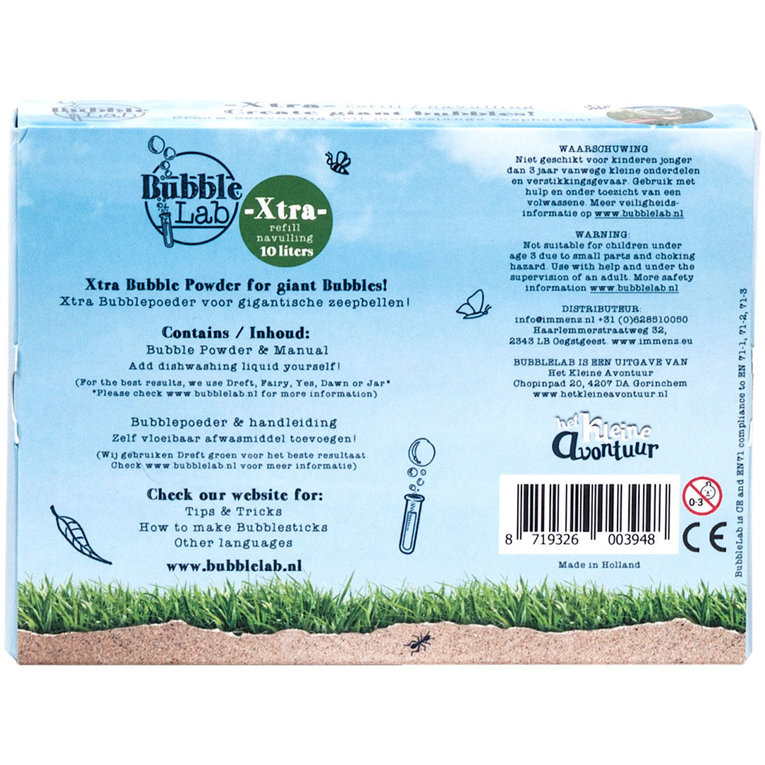 De achterkant van de Bubblelab Xtra navulling verpakking voor bellenblaas, met waarschuwingen, instructies en een barcode.