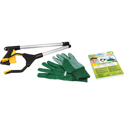 Buki afvalgrijper speelgoedset met grijpstok, groene handschoenen en een instructieblad.