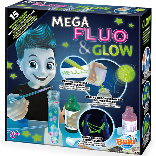 Verpakking van de Buki Mega Fluo & Glow wetenschapsset met een cartoonjongen en glow in the dark experimenten.