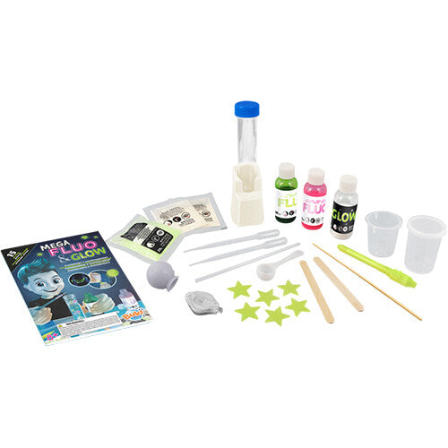 Alle onderdelen van de Buki Mega Fluo & Glow experimenteerset, inclusief vloeistoffen, poeders en gereedschap.