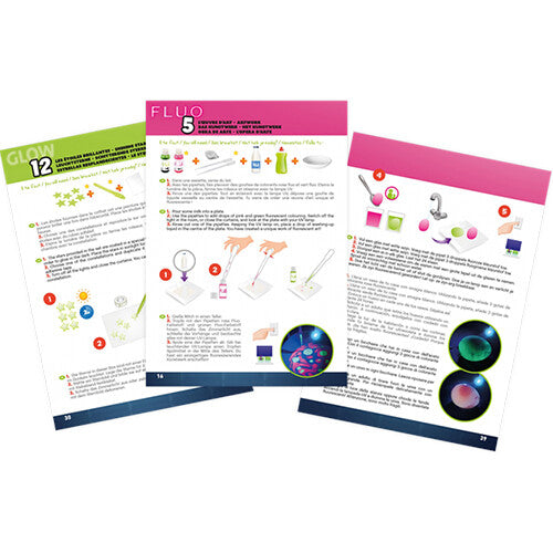 Drie opengevouwen instructiepagina's van de Buki Mega Fluo & Glow wetenschapsset met stappen en illustraties.