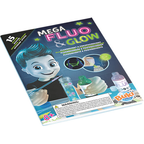 De voorkant van het instructieboekje van de Buki Mega Fluo & Glow wetenschapsset.