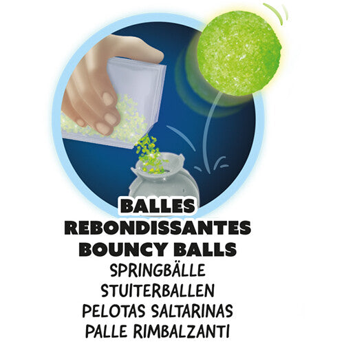 Detail van de Buki Mega Fluo & Glow set met het maken van een stuiterbal van groen poeder.