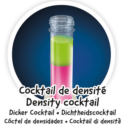Detail van de Buki Mega Fluo & Glow set met een dichtheidscocktail van roze en groene vloeistof in een proefbuis.