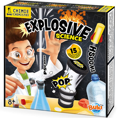 Buki Explosive Science wetenschapsset verpakking met illustratie van experimenten.