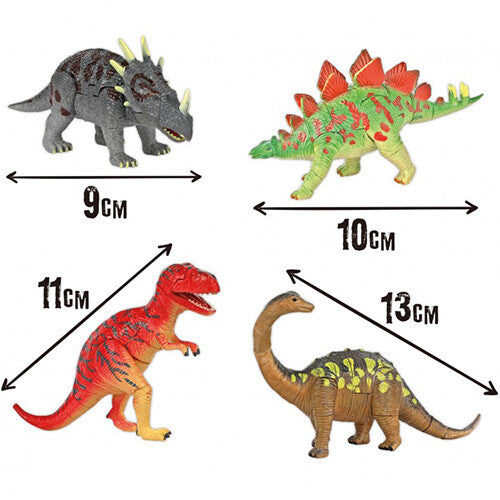 Vier plastic dinosaurusfiguren in verschillende kleuren en formaten, variërend van 9 tot 13 cm.