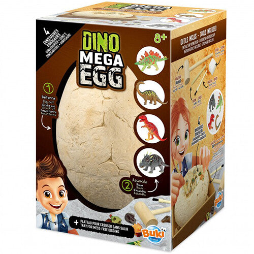 De verpakking van de Buki Dino Mega Egg opgraafset met afbeeldingen van het ei, gereedschap en dinosaurussen.