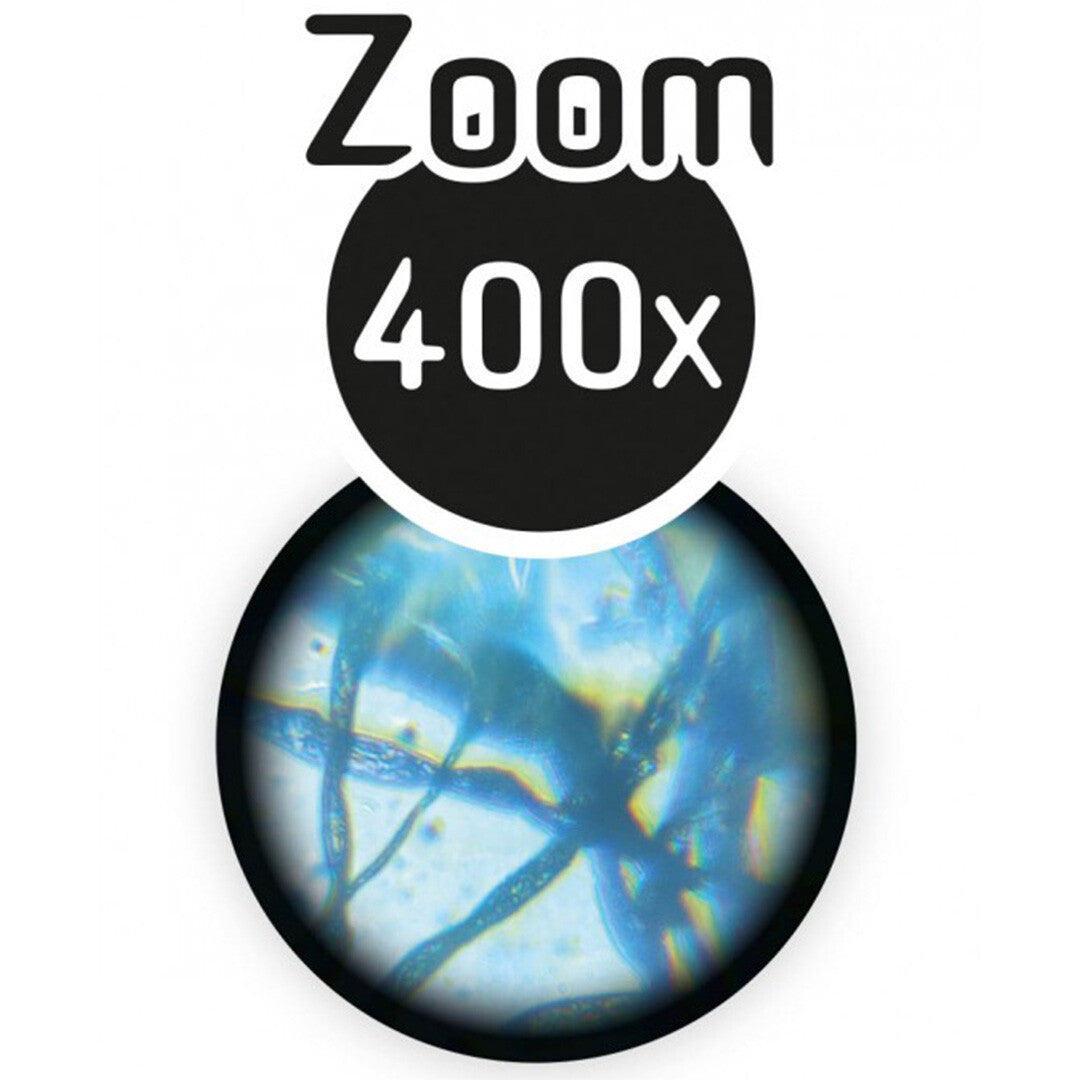 Detail van een microscoopbeeld met 400x vergroting, waarop blauwe vezels te zien zijn.