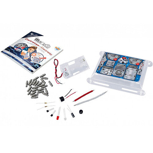 Alle onderdelen van de Buki Mini Lab Electronic kit, inclusief handleiding, printplaat en diverse elektronische componenten.