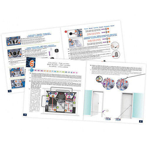 Open pagina's van de handleiding van de Buki Mini Lab Electronic kit met schema's en instructies voor het bouwen van circuits.