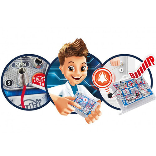 Een infographic detail van de Buki Mini Lab Electronic kit met een cartoonjongen en illustraties van elektronische componenten en een alarm.