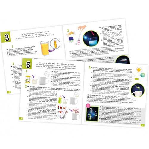 Open pagina's van het instructieboekje van de Buki Mini Lab wetenschapsset met stapsgewijze instructies voor experimenten.
