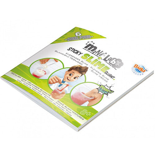 Het instructieboekje van de Buki Mini Lab Sticky Slime wetenschapsset met afbeeldingen van slijm maken.