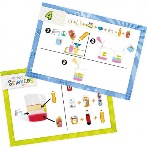 Twee infographic kaarten met stapsgewijze instructies voor scheikunde-experimenten.