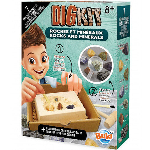 Verpakking van de Buki opgraafkit stenen en mineralen met een afbeelding van een kind dat graaft.