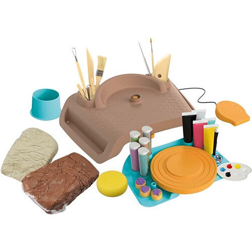 De Buki Professional Pottery Studio hobbyset met pottenbakkersschijf, klei, gereedschap en verf.