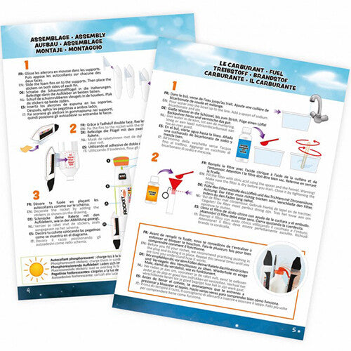 Twee pagina's van de instructiehandleiding van de Buki Rocket Science set, met assemblage- en brandstofinstructies.