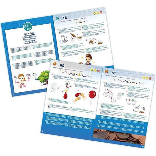Twee open instructieboekjes van de scheikunde wetenschapsset met experimenten en diagrammen.