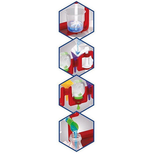 Infographic detail van vier stappen in een scheikunde experiment met vloeistoffen en bekers.
