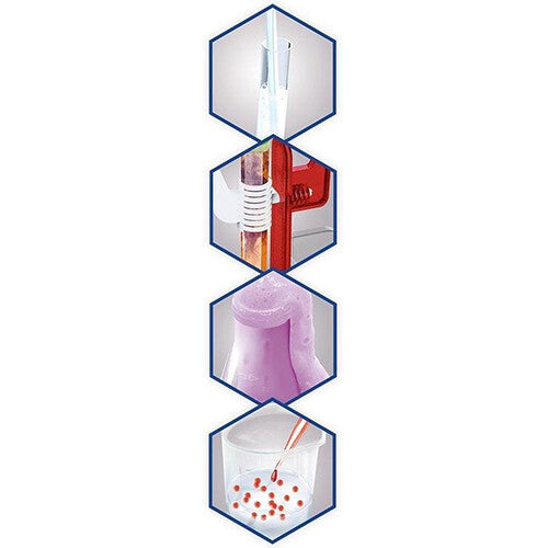 Infographic detail van vier scheikunde experimenten, waaronder een testbuis en een bubbelende vloeistof.