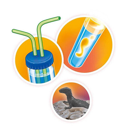 Drie details van de wetenschapsset: rietjes in een fles, een reageerbuis met vloeistof en een kleine dinosaurus.