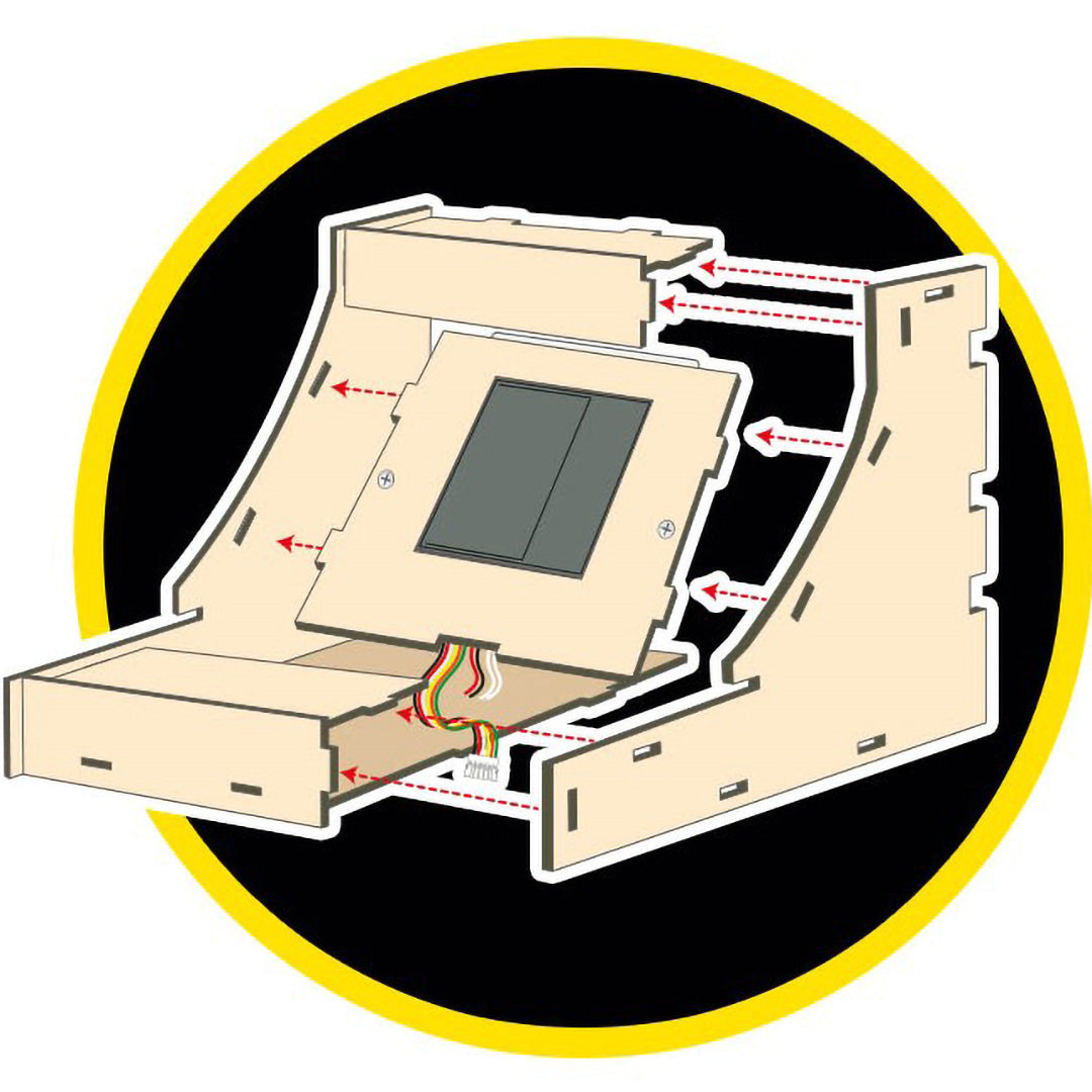 Infographic die de assemblage van de houten arcadekast toont met pijlen die de verbindingen aangeven.