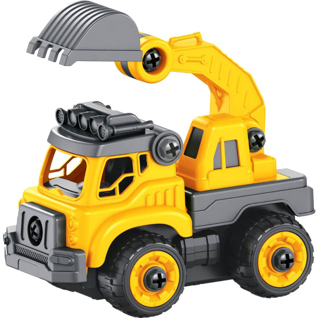 Gemonteerde gele en grijze speelgoed graafmachine truck.
