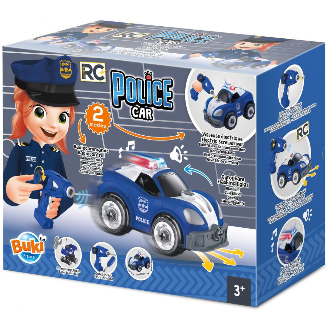 De verpakking van de Buki bouw je eigen politieauto, met een cartoon politieagent, de auto en de functies.