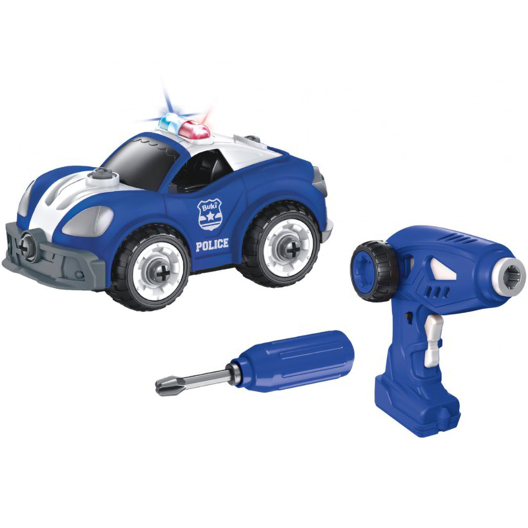 De Buki bouw je eigen politieauto met een blauw-witte politieauto met knipperende lichten, een elektrische schroevendraaier en een handschroevendraaier.