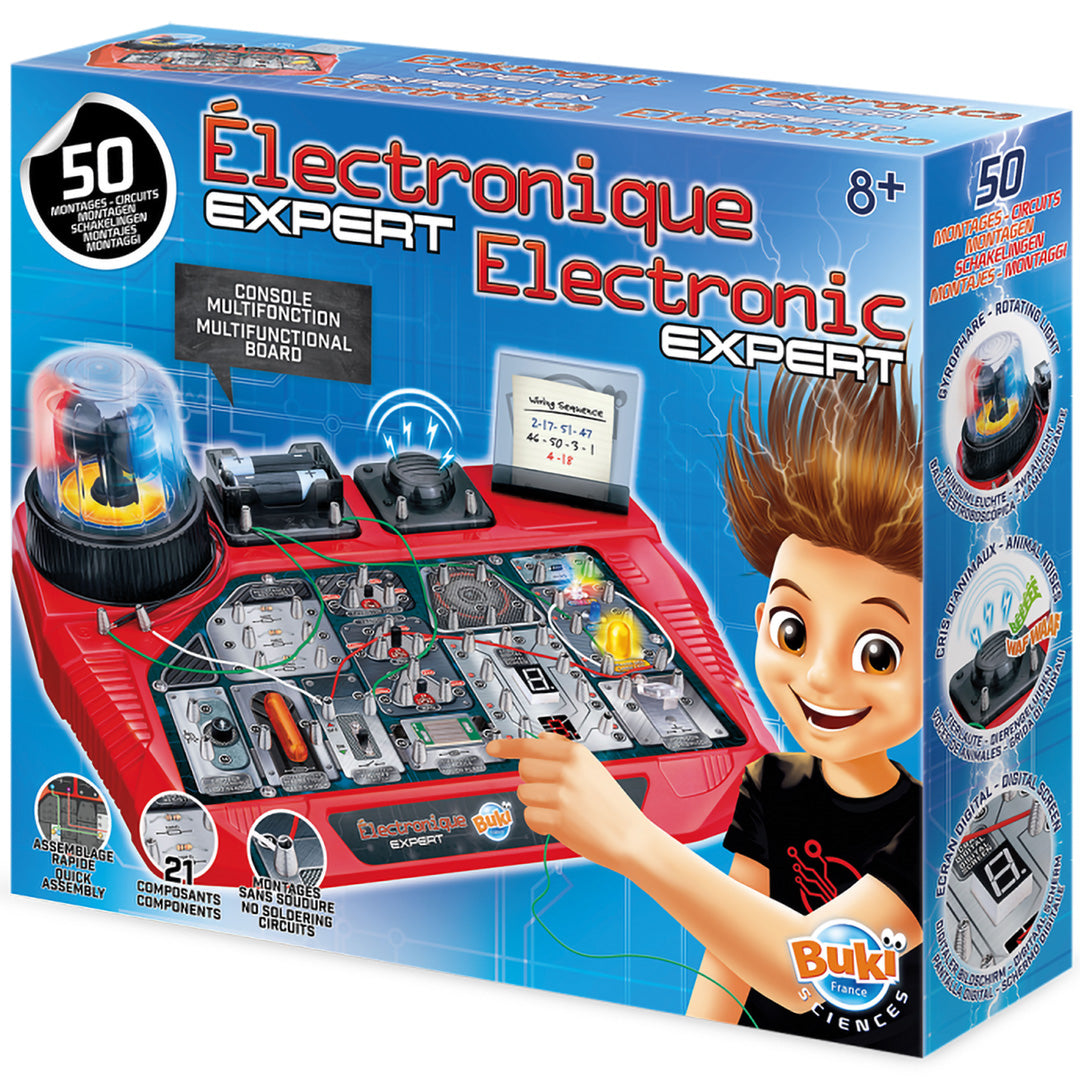 Verpakking van de Buki Electronic Expert wetenschapsset met een rode experimenteerplaat en een cartoonjongen.