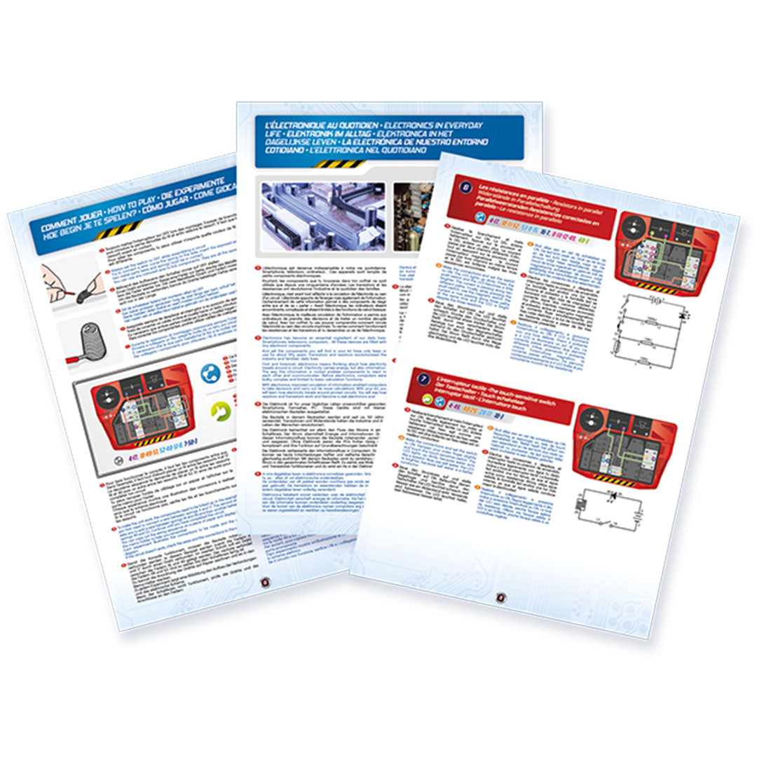 Meerdere pagina's van de instructiehandleiding voor de Electronic Expert wetenschapsset met schema's en uitleg.