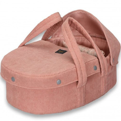 by astrup roze corduroy poppenreiswieg schuin van bovenaf gezien.