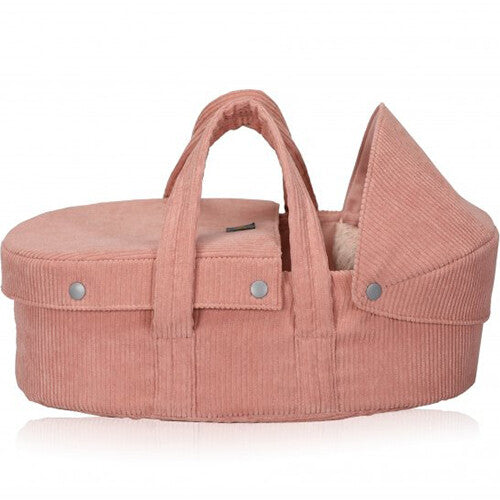 by astrup roze corduroy poppenreiswieg van voren gezien.