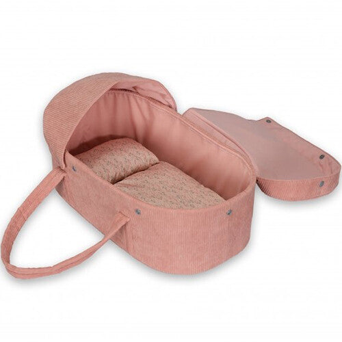 by astrup roze corduroy poppenreiswieg open met kussentje en dekentje.
