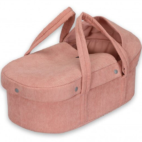 by astrup roze corduroy poppenreiswieg gesloten met handvatten omhoog.