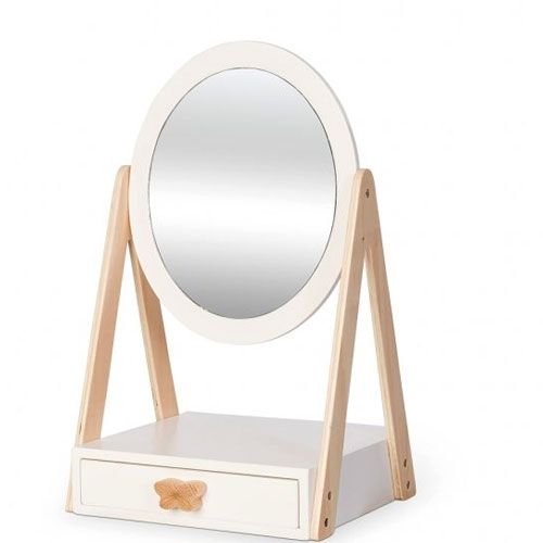 by astrup houten speelgoed tafelspiegel met lade en vlinderknop, schuin van voren.
