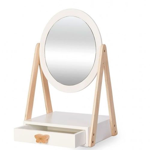 by astrup houten speelgoed tafelspiegel met open lade en vlinderknop, schuin van voren.