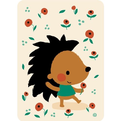 by bora ansichtkaart met een vrolijke egel die een bloem vasthoudt, omringd door bloemetjes.