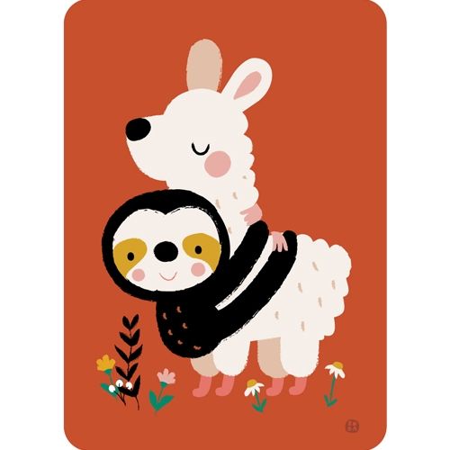 by bora ansichtkaart met een luiaard die een lama omhelst op een oranje achtergrond met bloemen.