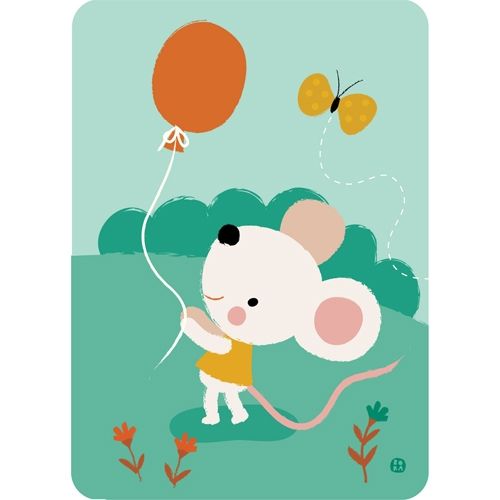 by bora ansichtkaart met een cartoon muis die een oranje ballon vasthoudt in een groene natuurlijke omgeving.