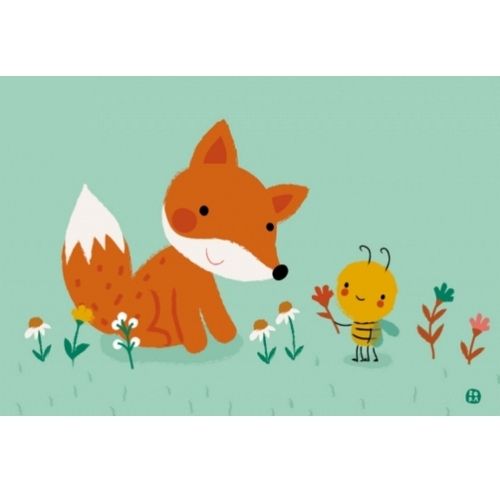 by bora ansichtkaart met een illustratie van een vos en een bij tussen bloemen op een groene achtergrond.