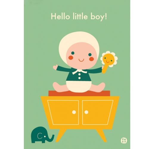 by bora geboortekaart met retro illustratie van een baby, rammelaar, kastje en olifant, met de tekst 'Hello little boy!'.