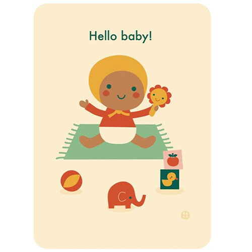 by bora geboortekaart met illustratie van een baby, speelgoed en de tekst 'Hello baby!'.