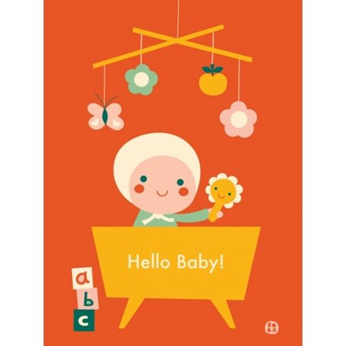 by bora geboortekaart met illustratie van een baby in een wieg onder een mobiel met de tekst 'Hello Baby!'.