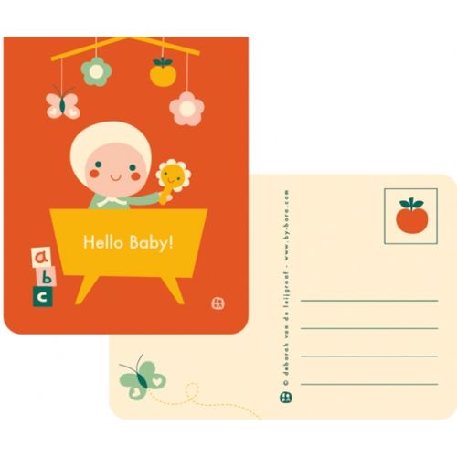 Voor- en achterkant van de by bora geboortekaart met baby-illustratie en schrijflijnen voor adres.