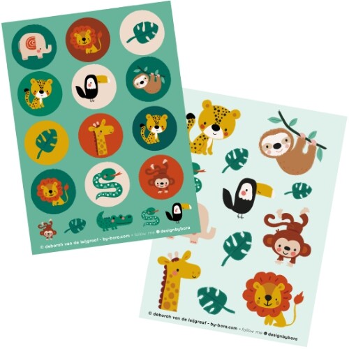 Twee vellen by bora jungle stickers met diverse dieren zoals een leeuw, olifant en aap.